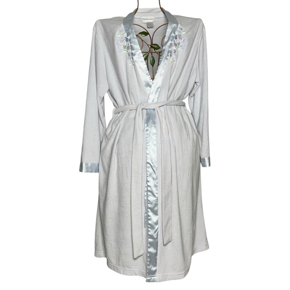 Miss Elaine Terry Cloth Floral Embroidered Satin Trim Robe - Women’s Size Large